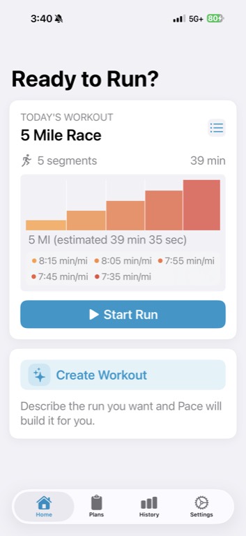 PaceMatrix home screen with ready to run workout